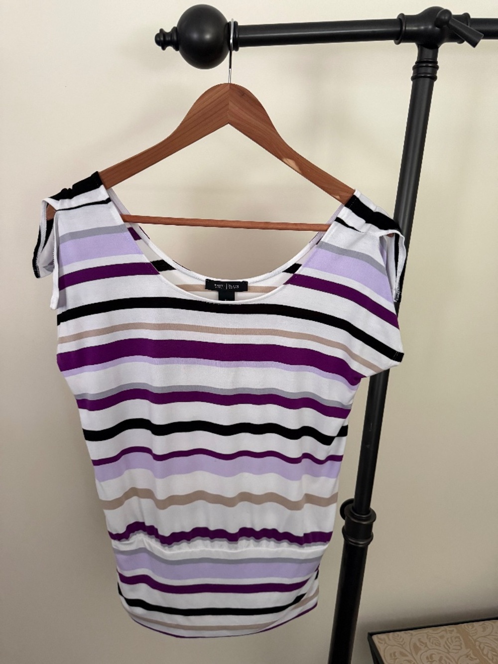 White House Black Market Purple & Black Striped Split Sleeve Scoop Neck Tee